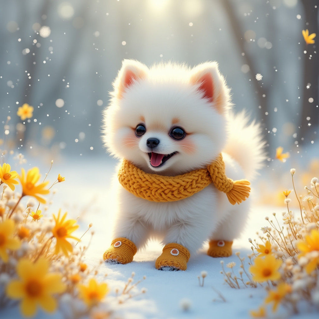 Joyful Pomeranian in Winter Meadow: Digital Matte Painting