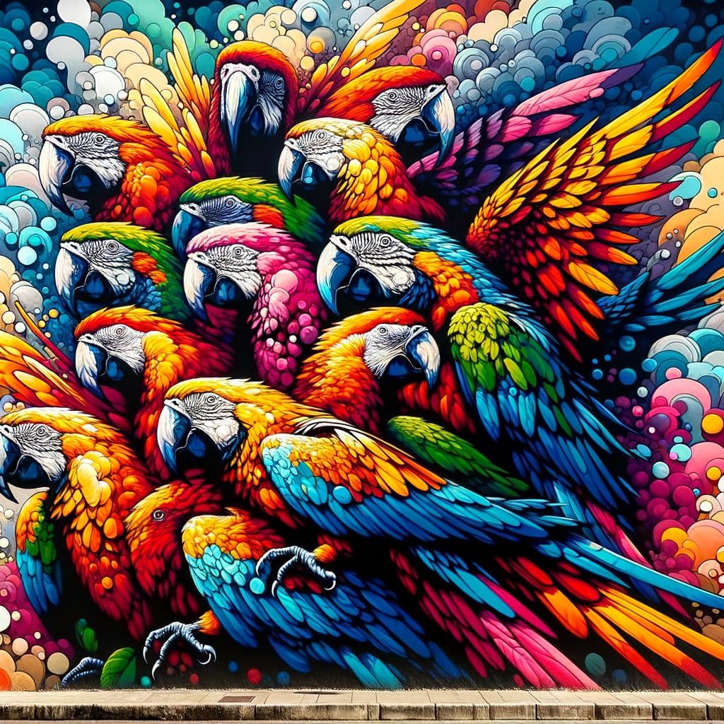 Colorful parrots, abstract art complementary colors fine det...