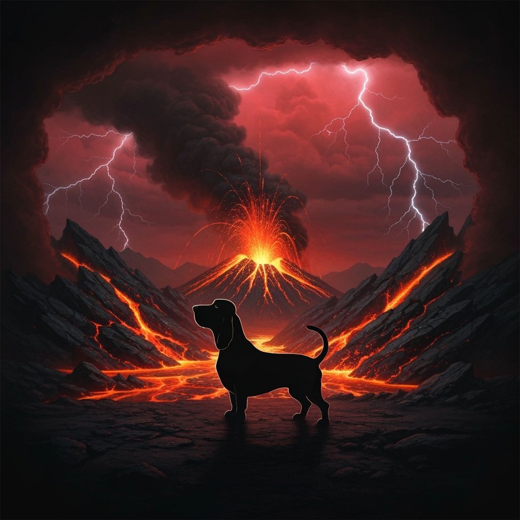 Erupting lava frames noble Basset’s silhouette.
Ash clouds rise above molten obsidian cliffs.
Lightning flickers beneath stormy glowing crim...