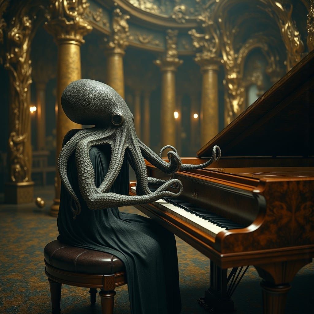 <lora:MJ6-1 FluxSurreal:1.0> An octopus with human hands playing the piano with all eight arms, surrealism, cinematic atmosphere, mind-bendi...