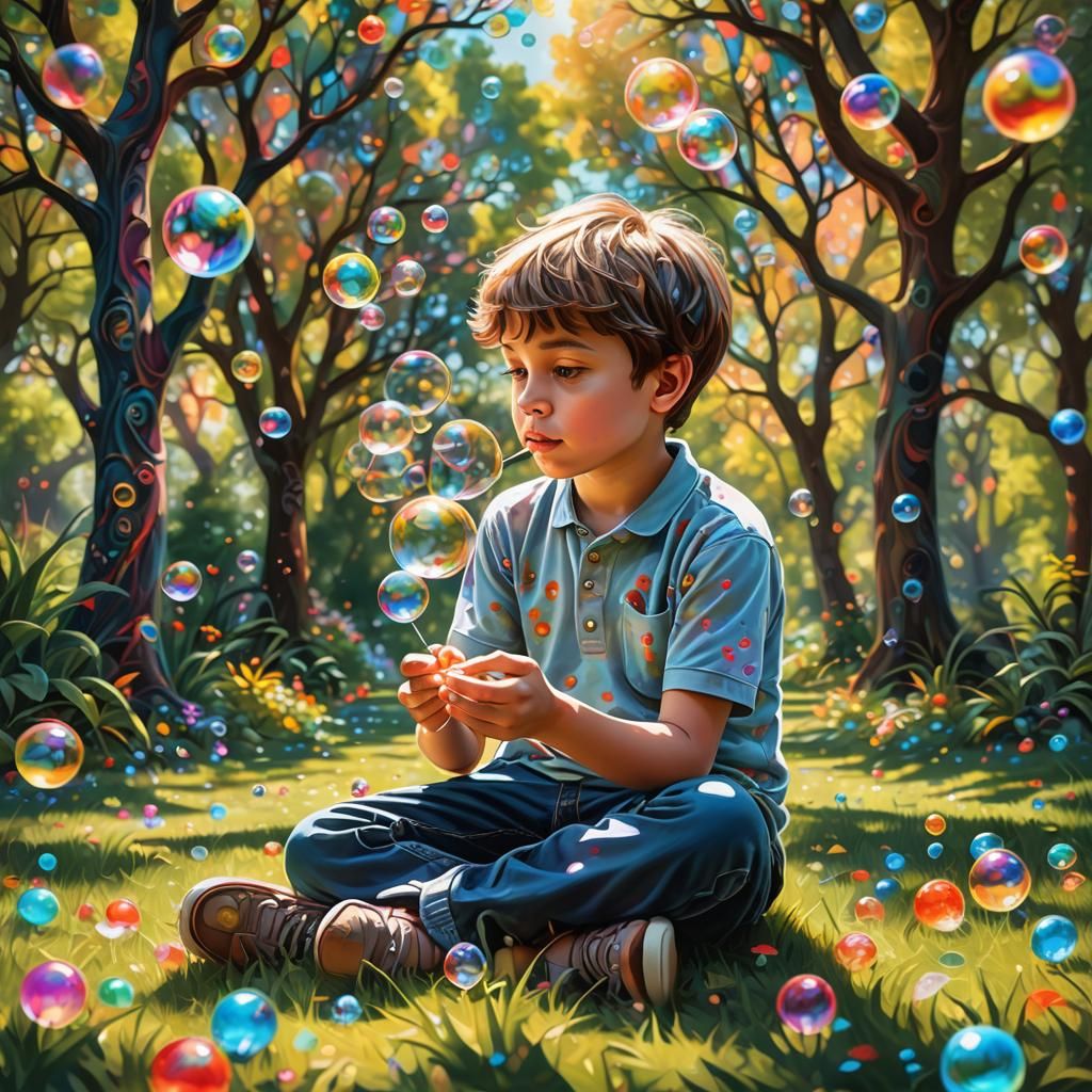Boy Blowing Bubbles in Zentangle Fantasy Garden