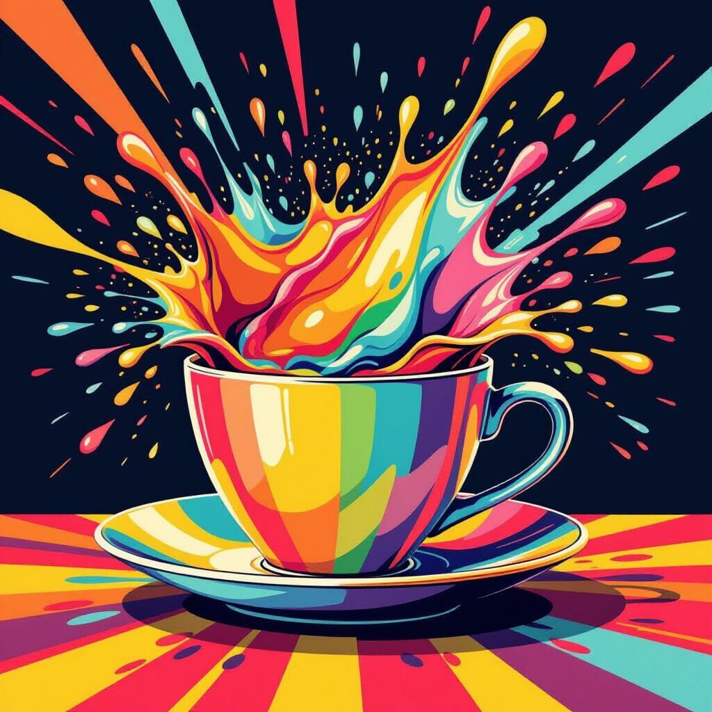 Colorful Teacup Splashing Upward in Pop Art Style