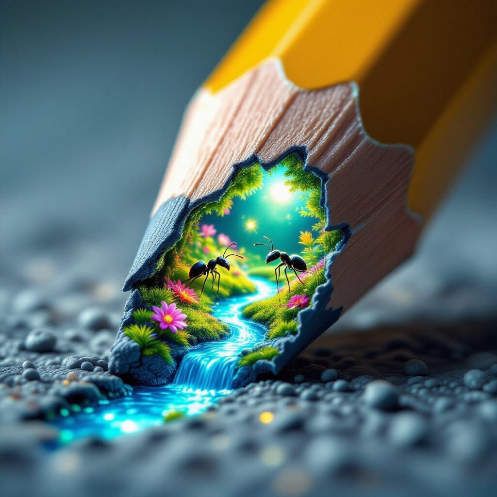 Highly creative. The graphite tip of a pencil opens up like a portal, revealing a miniature, vibrant ...  by @Juri AI Dreams 