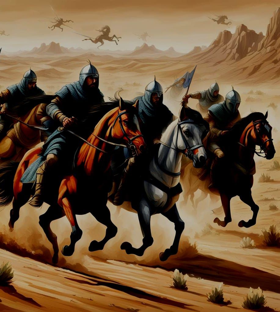 (six medieval horsemen:1.1) are trying to flee from a winge enemy on a desert plain
