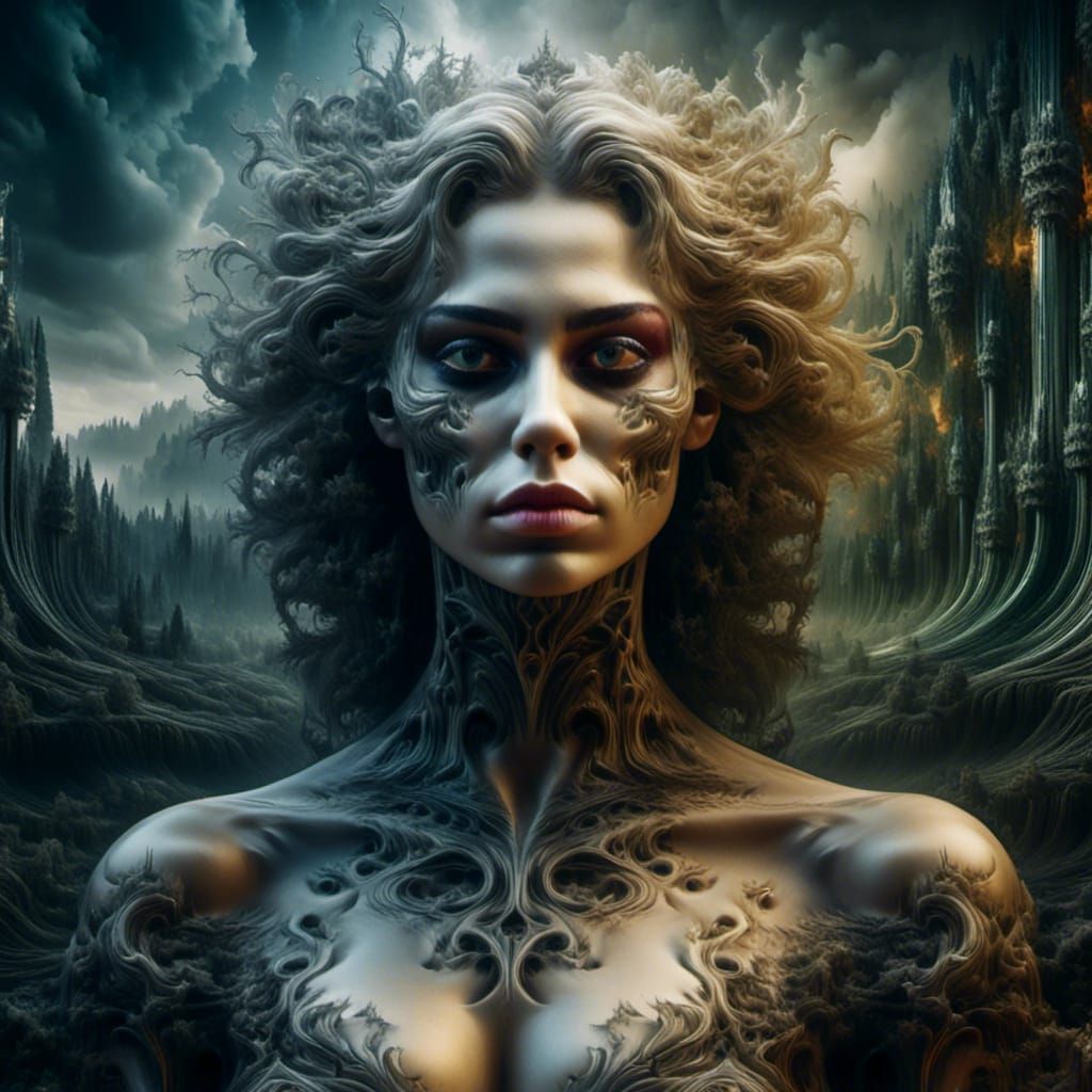 <lora:Halluciscape:1.0>  a hyperrealistic image of a attractive woman in the style of Simon Bisley with a sinister mood and a more sinister...