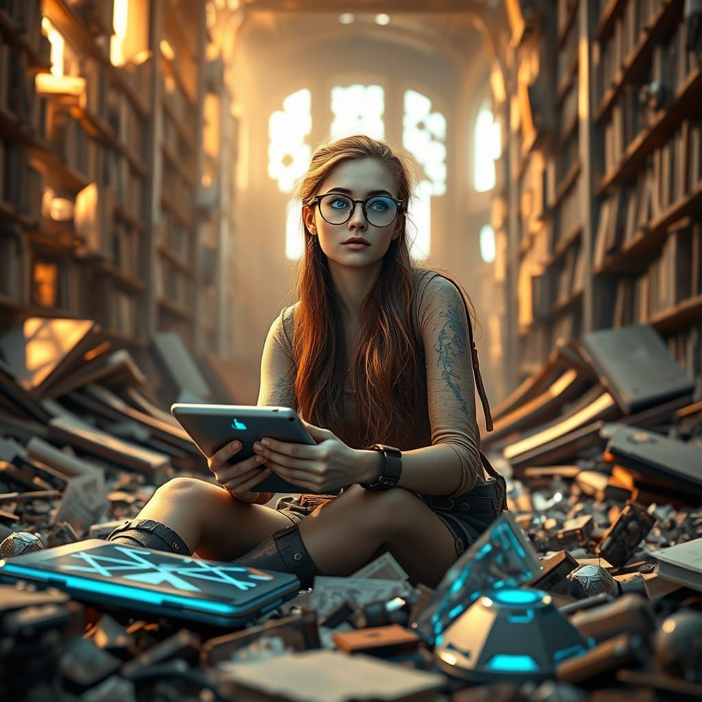 Futuristic Library Ruins, Contemplative Woman