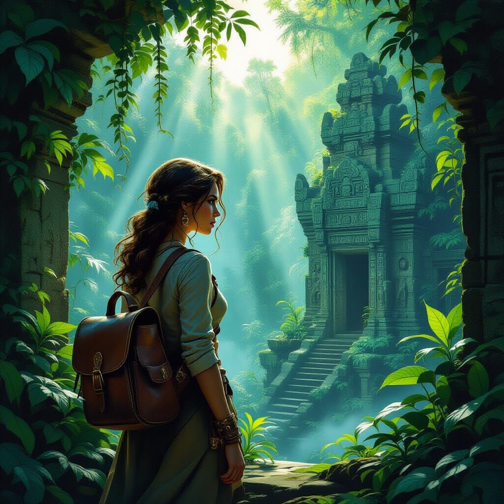 A vintage adventurer woman with a worn leather satchel and a determined gaze, standing at the precipice of a forgotten jungle temple overgro...