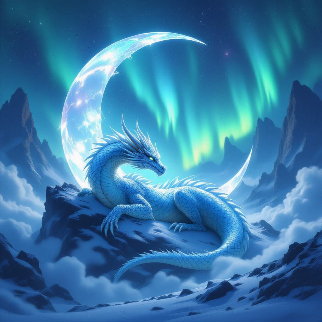 A majestic, crystalline dragon sleeps coiled around a shattered moon, its scales reflecting the aurora ...  by @Bonnie Horzepa