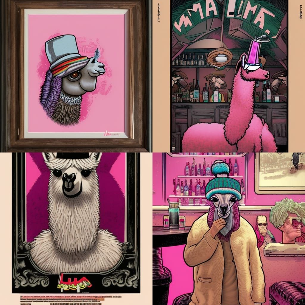 A llama wearing a pink bobble hat with a tattoo in a bar