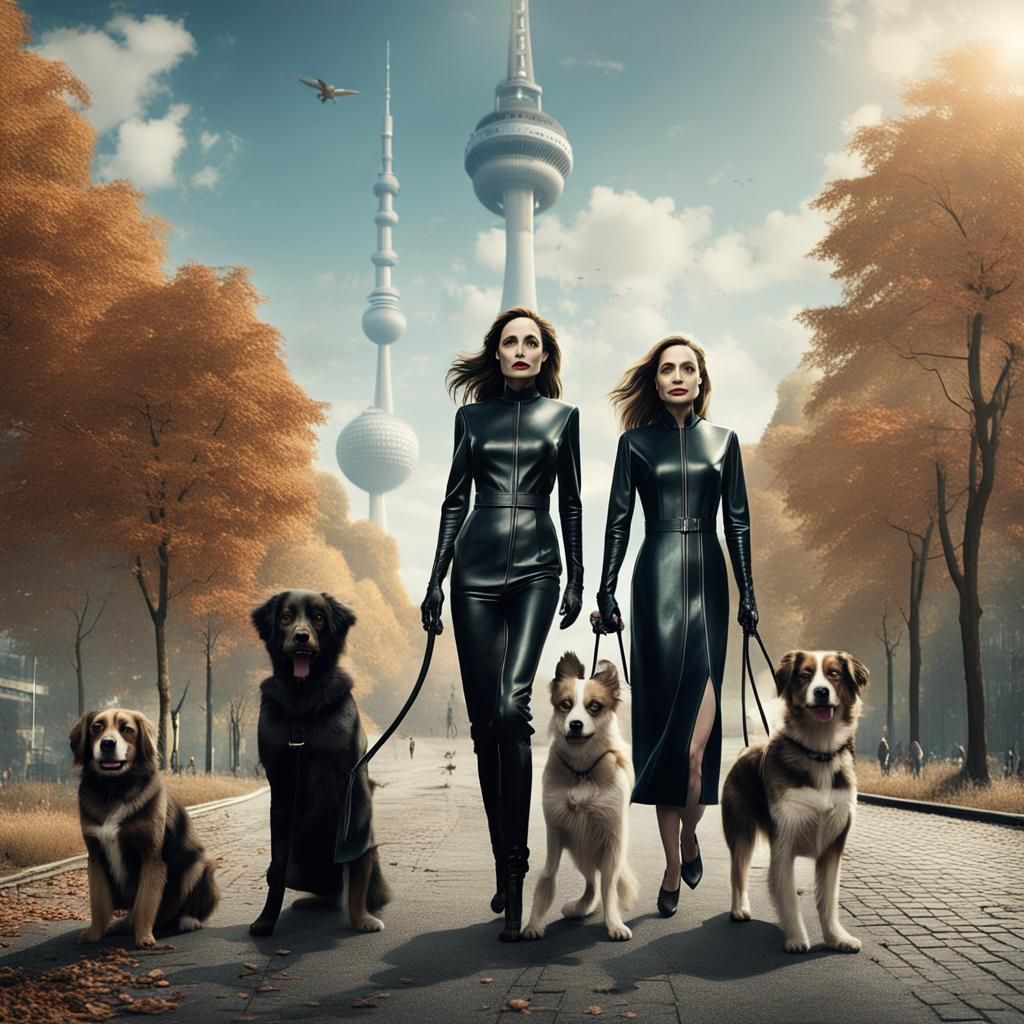 Angelina Jolie dressed in a latex catsuit takes her dogs for a walk ...