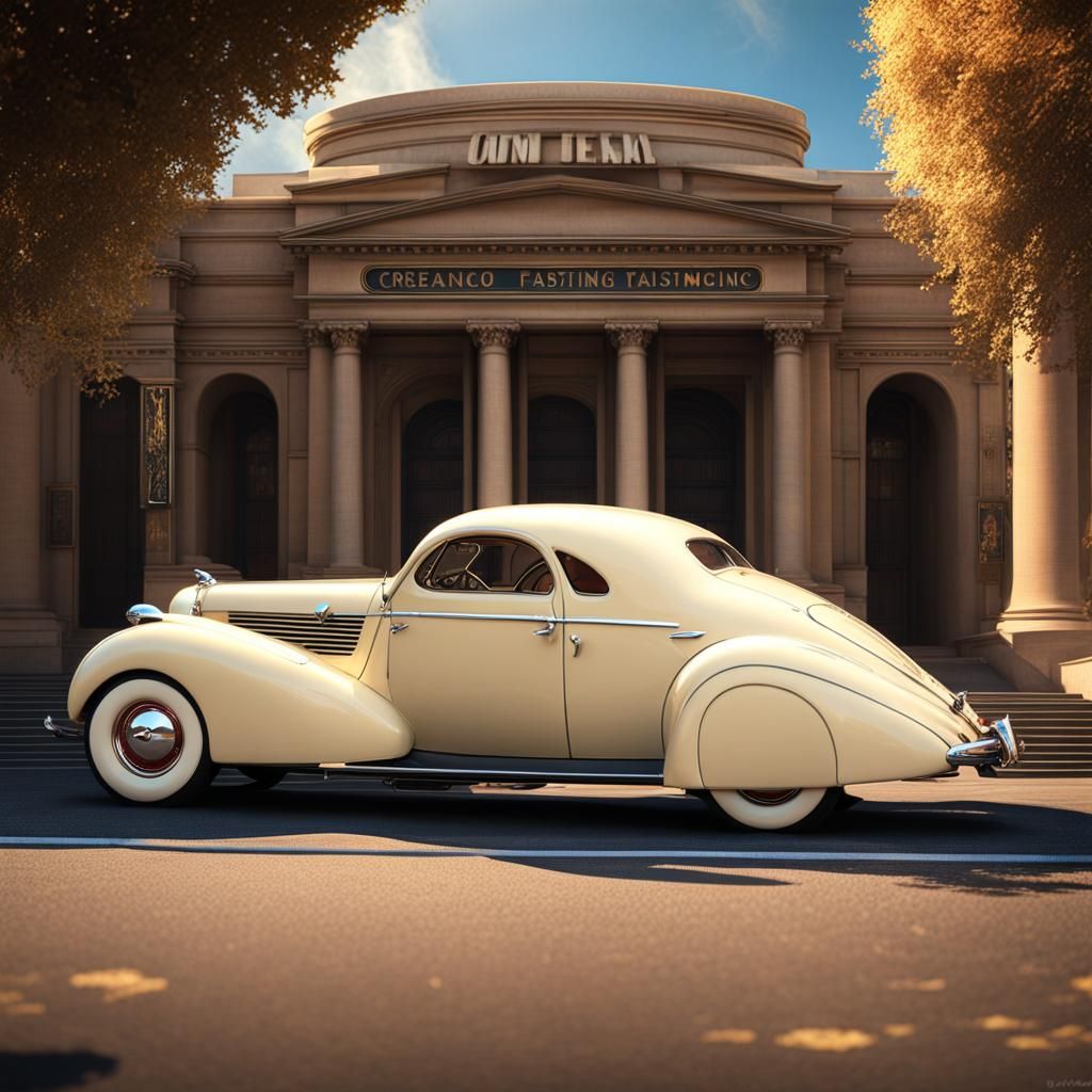 1938 cream fastback super car, very low, Art-déco, detailed, at the opera theater, Washington