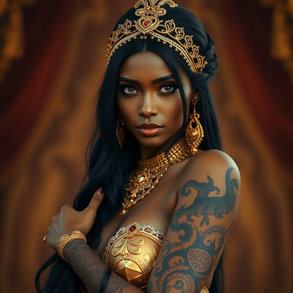 Photo realistic , stunning beautiful woman, exotic mesmerizing dark skin, long black hair, golden headpiece, ...  by @Nis rune Bergkvist