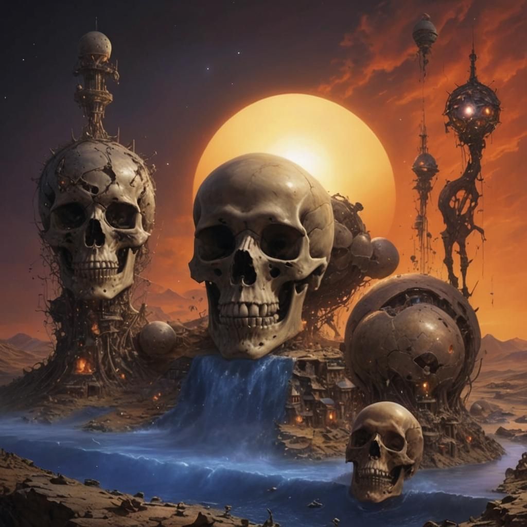 Skull view of a fantasy. Beautiful landscape, sunset.