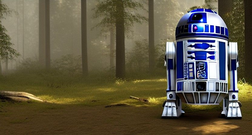 r2-d2 in forest of endor realistic unreal engine render
