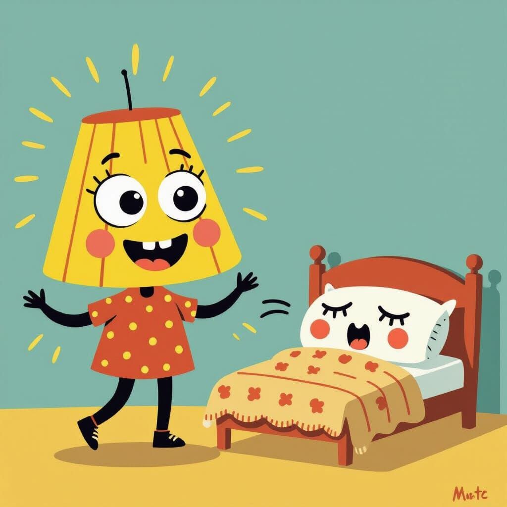 A cute, flat-style drawing of a smiling lamp dancing while a sleepy bed with eyes and a blanket mouth ...  by @Aine Boden