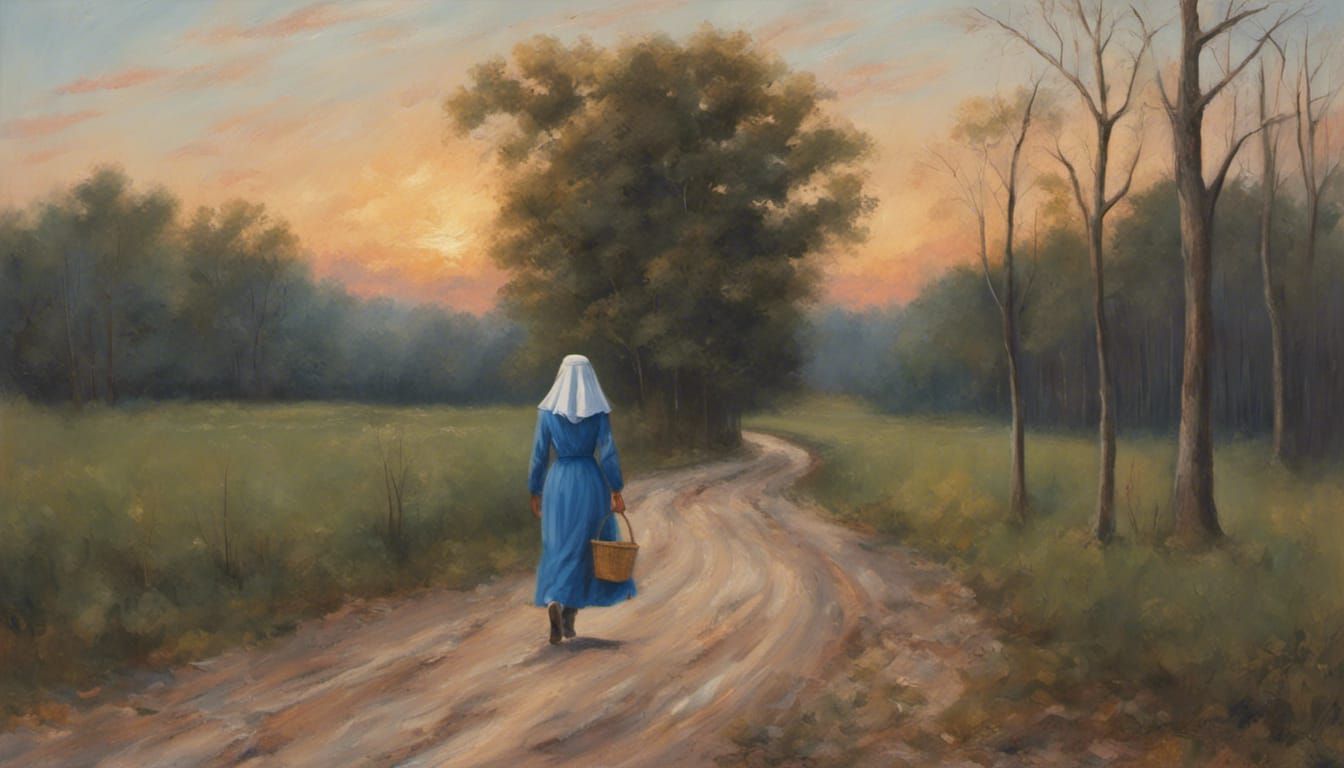 Amish Woman Wearing Blue Dresses And White Head Coverings Walking On   1Pavf2F15cy2UcGImOQF  1  7f6ix 