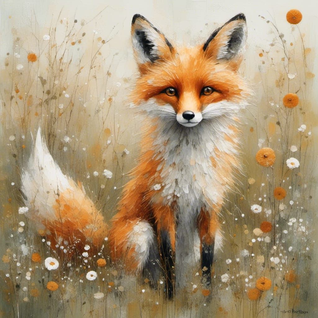 cute fox with an expressive face plays in a forest meadow, by Lucy Grossmith and Carne Griffiths, meticulous, ...  by @Tina auf der Blumenwiese