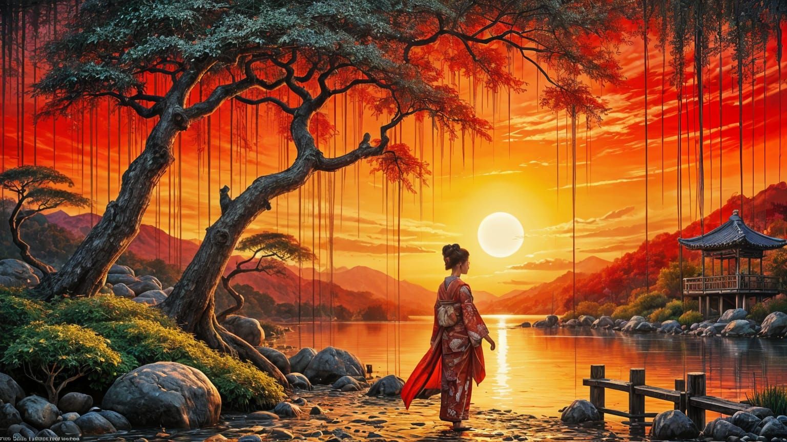 Geisha Serenity Under Willow in Japanese Garden