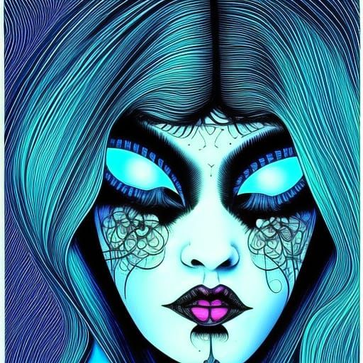 Intriguing woman with intense neon blue eyes. Intricate and highly ...