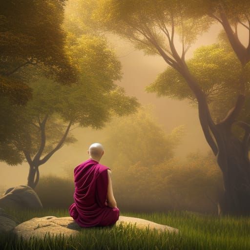 A Buddhist Monk sitting under a tree for medititation 