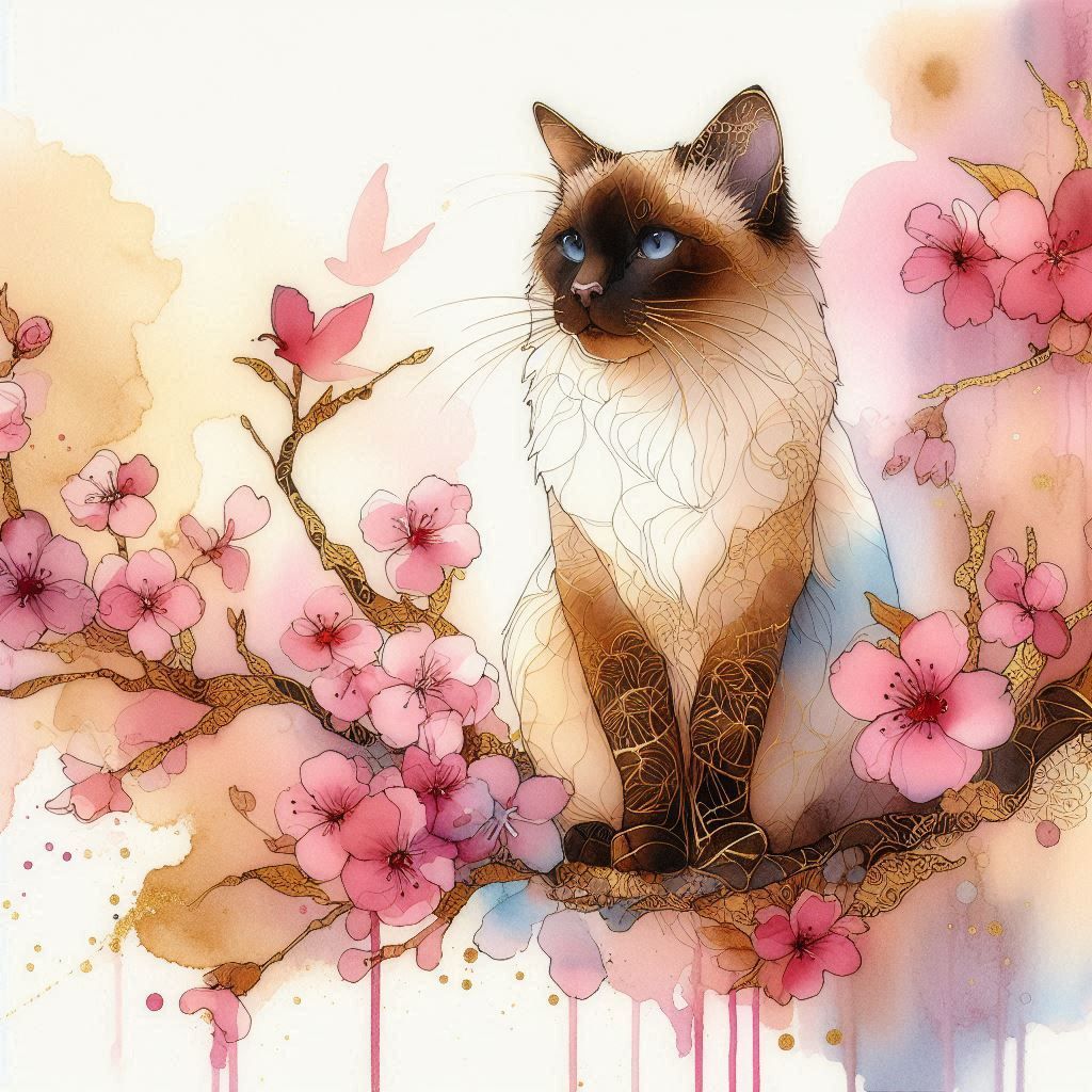 siamese cat, sakura tree, spring