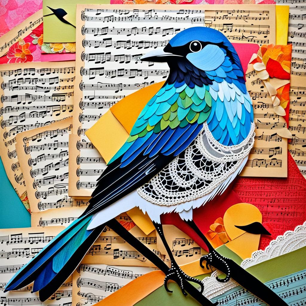 beautiful bird as a mixed media paper collage painting made ...