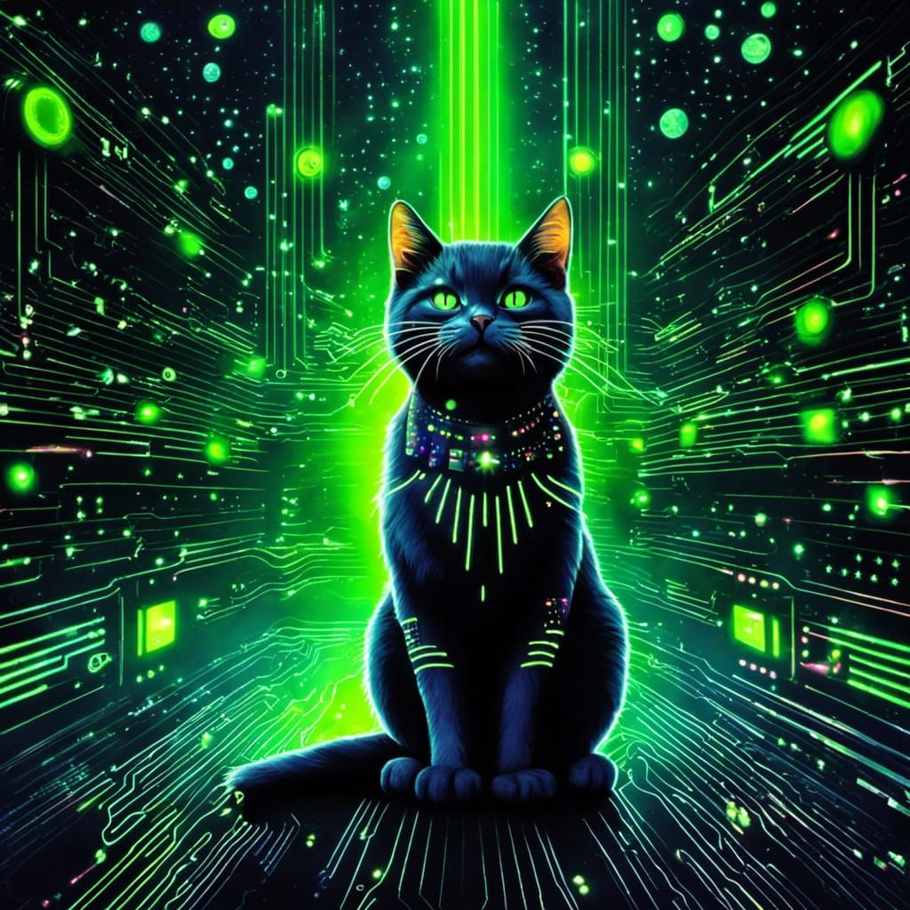 Cybernetic Kitten in Space with Binary Starscape