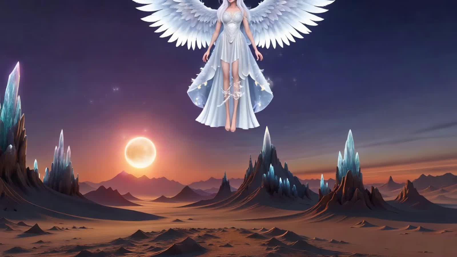 An ethereal angel with feathered wings that shimmer with starlight, descending into a desolate, alien desert landscape u...