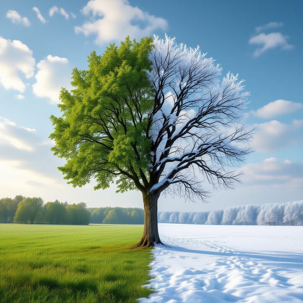 Tree Shows Summer and Winter Sides in Single Moment