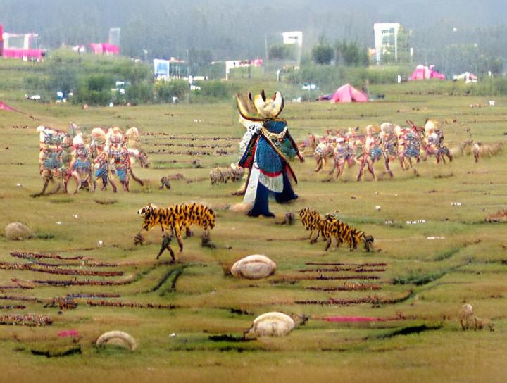 A warrior-prince leading his army across a field