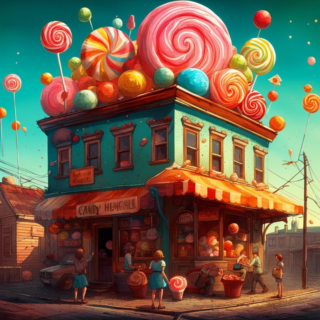 A candy shop with giant candy and sweets on the roof, giant lollipops and icecream, colourful and vibrant, ... false