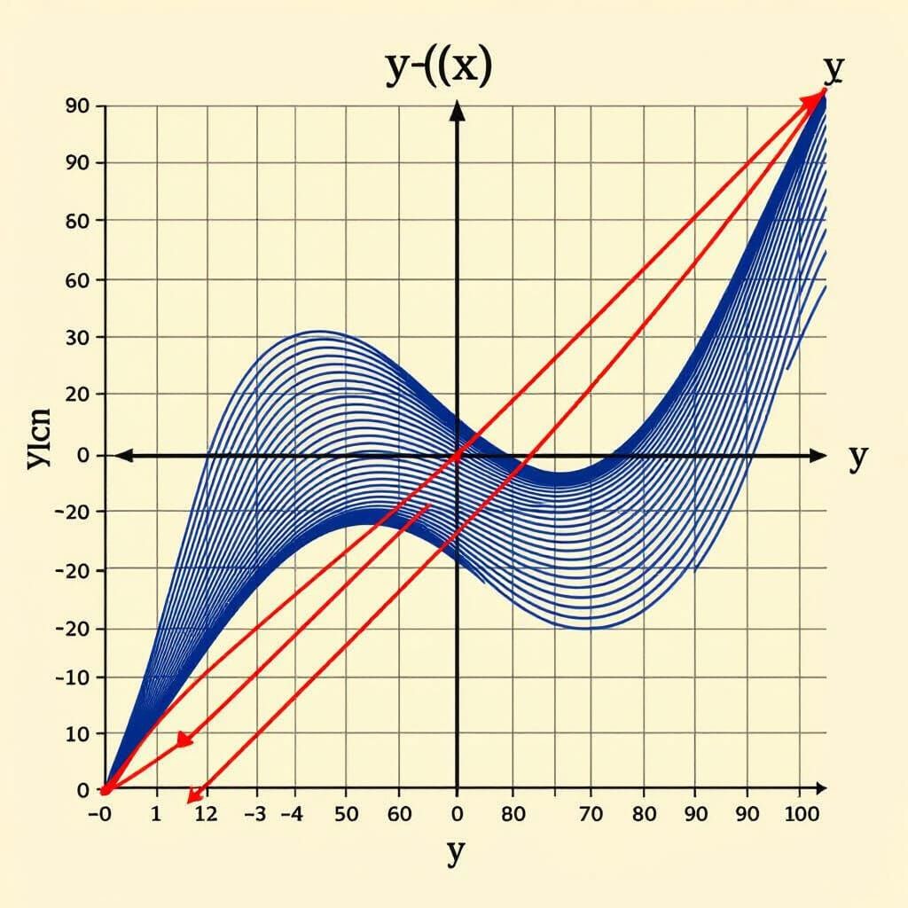 A clean mathematical graph showing a smooth function curve 
𝑦
=
𝑓
(
𝑥
)
y=f(x). Several tangent lines are drawn at different points along th...