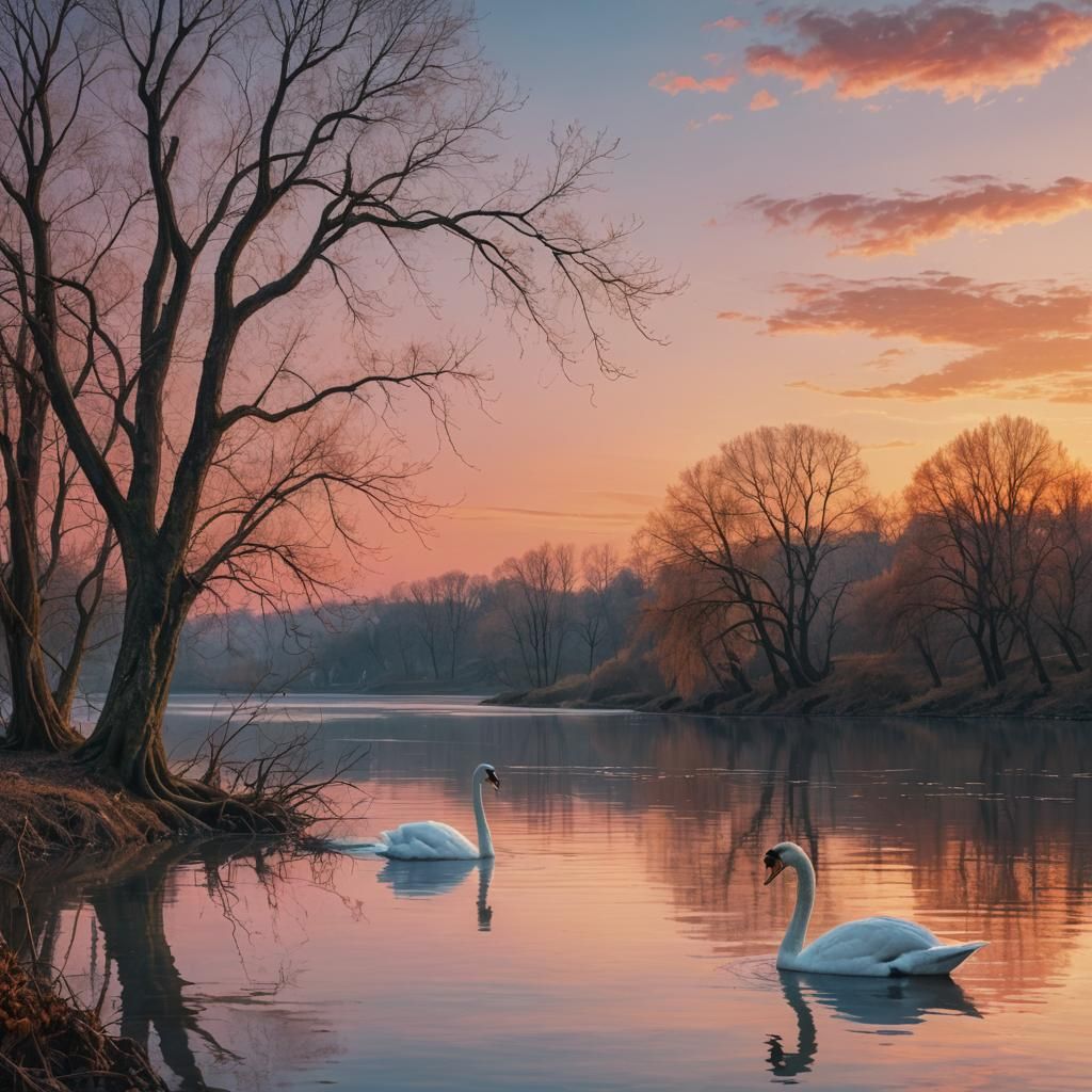 Closeup of a single lonely white swan in a river. There is a single