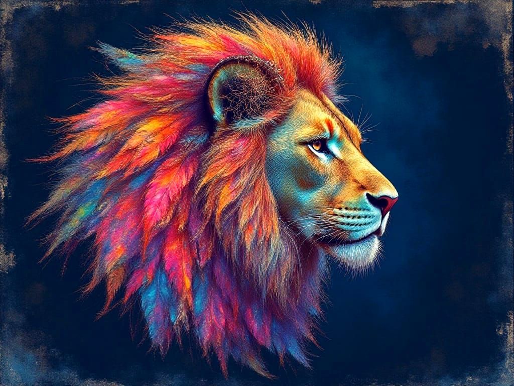 A lion in profile painted in vibrant hues