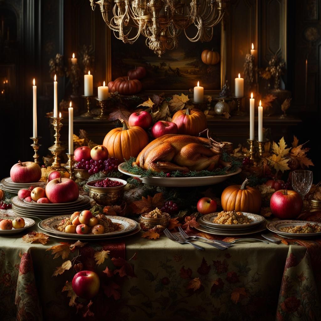 Fantasy Thanksgiving tablescape, ornate table piled high with Thanksgiving dishes, suckling dragon, magic ...  by @Juxtaposed