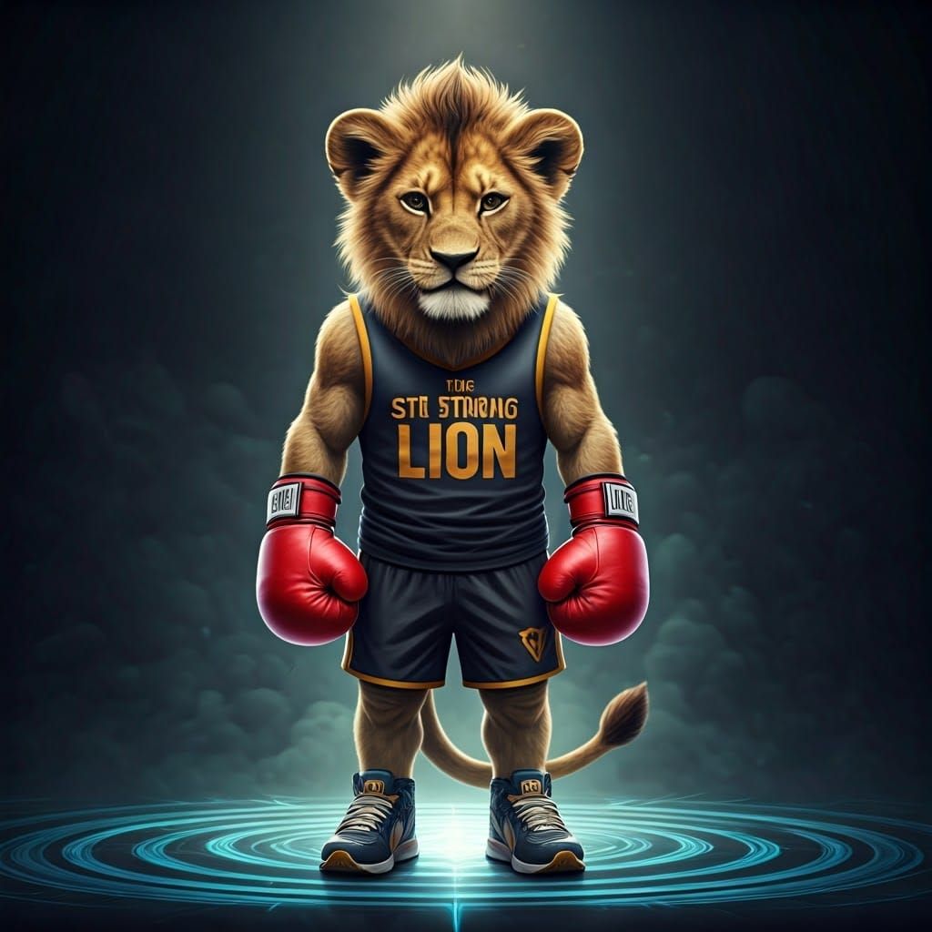 Lion Cub Boxer on Mystical Stage, Digital Art