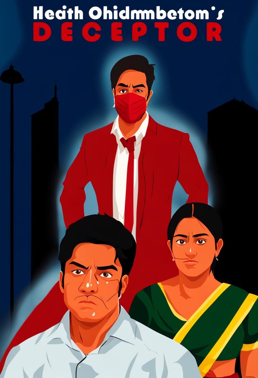 Young Deceptor with red mask covering his mouth standing beh...
