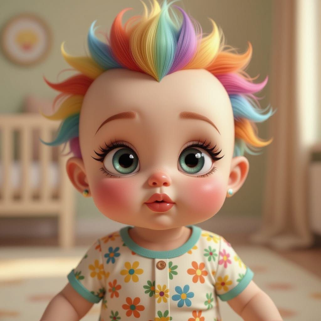 Whimsical Cartoon Baby in Vibrant Floral Onesie