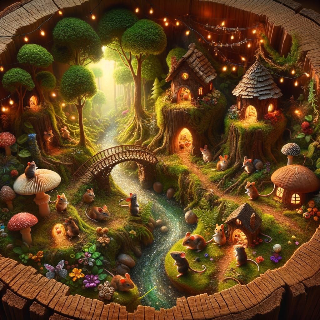 Design a whimsical miniature world inside a hollowed-out tree stump. Showcase a vibrant forest scene ...  by @Alex