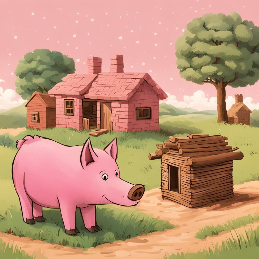 Image prompt:

Three little pigs, one brown building a house...