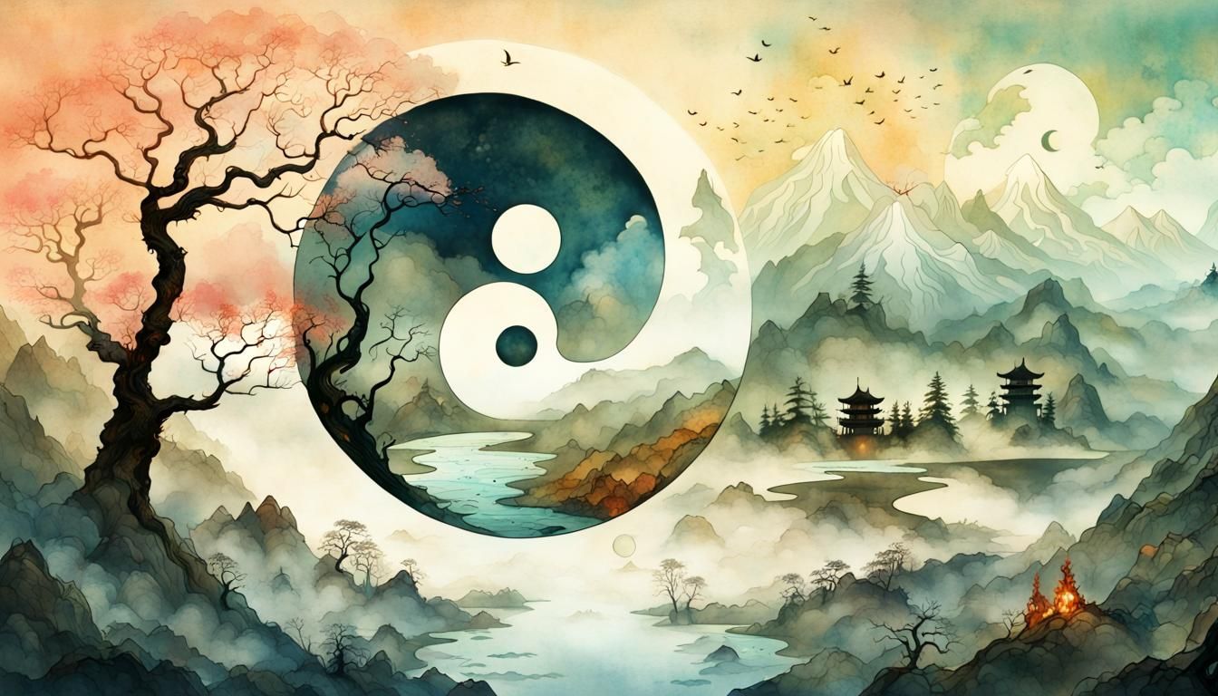 A beautiful ying and yang landscape made of misty pastel watercolor By ...