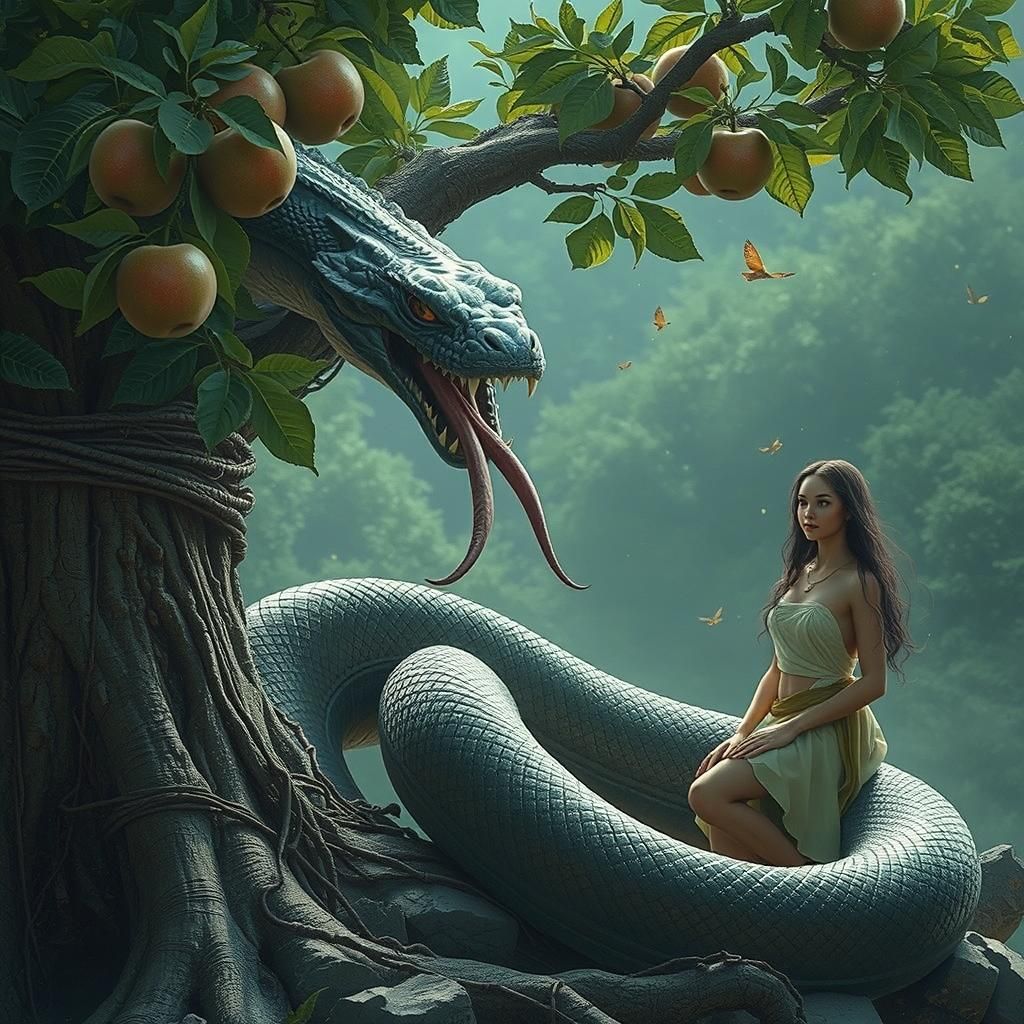 Image of the serpent from the Garden of Eden in the Bible with its forked tongue, with Adam and Eve next ...  by @txepetxa