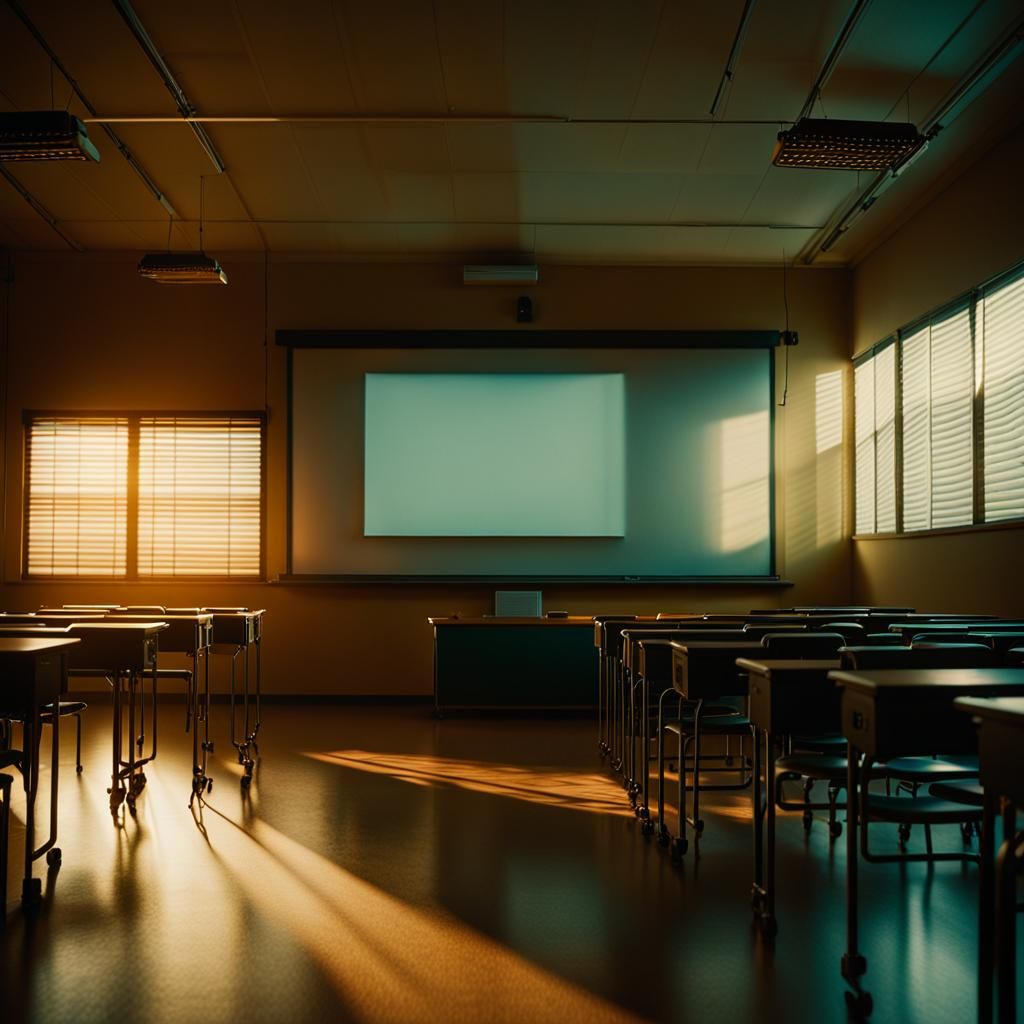 The inside of a classroom with a projector screen in the fro...