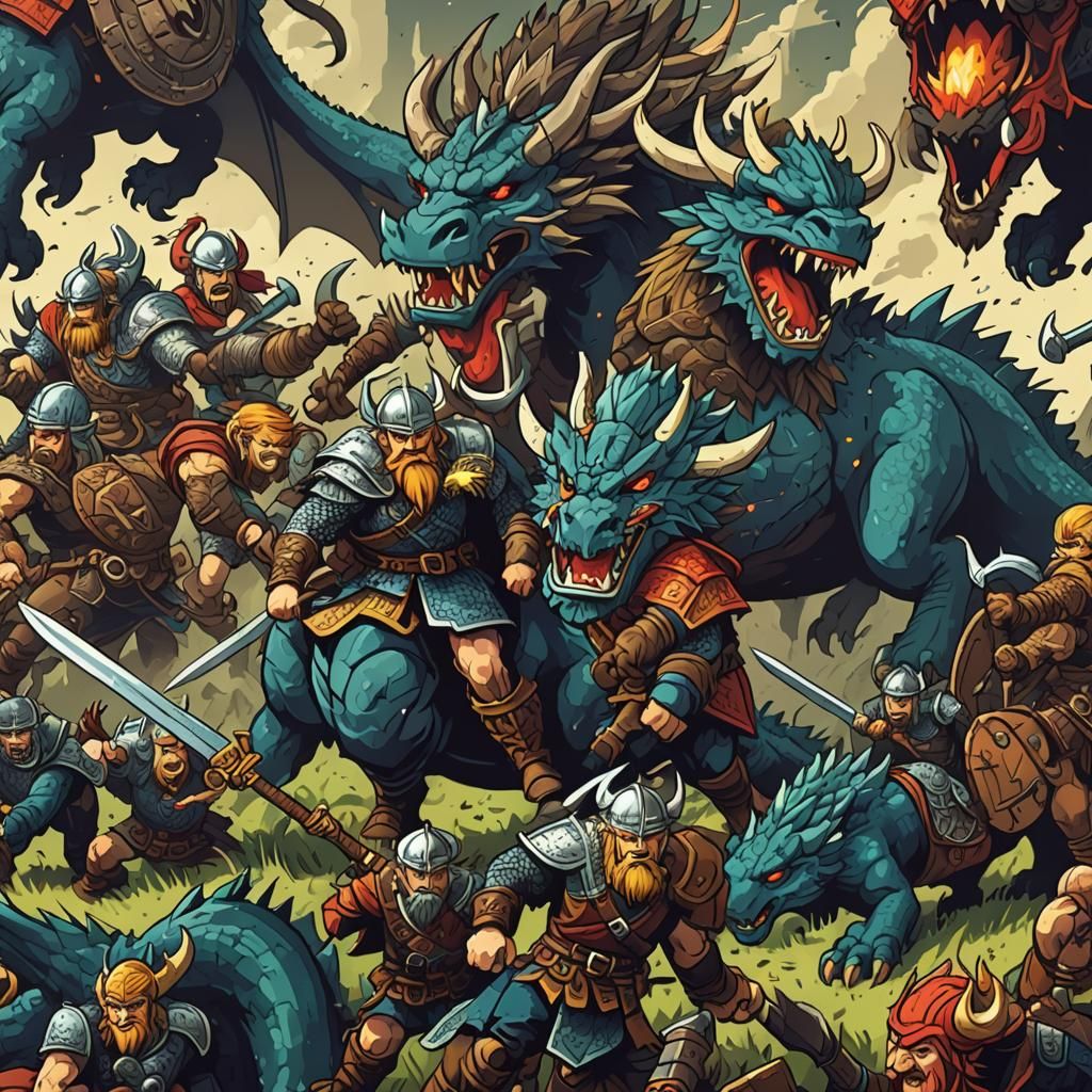 Vintage video game with pixelated characters of viking warri...