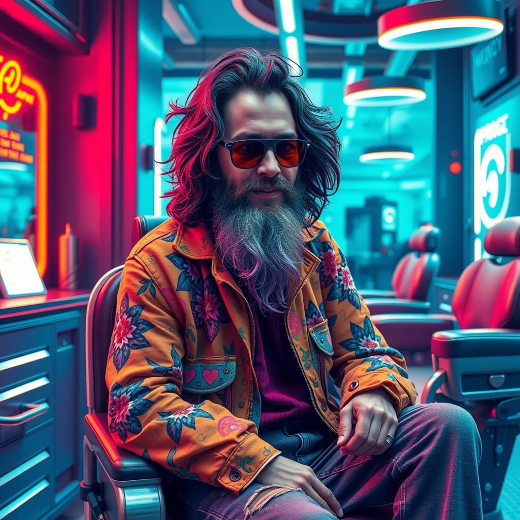 A very young Jerry Garcia goes to cyberpunk haberdashery for a beard glow up and reimagining