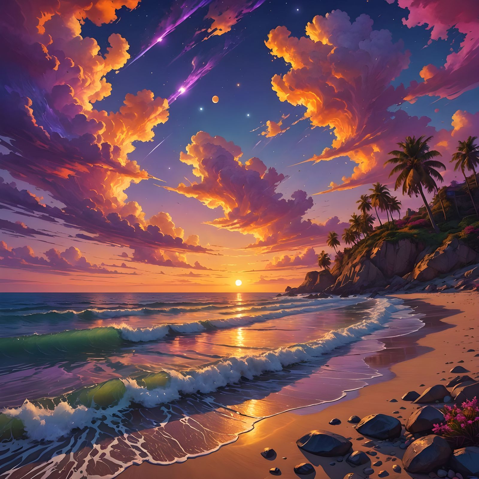 Dreamlike Coastal Sunset in Vibrant Warm Hues