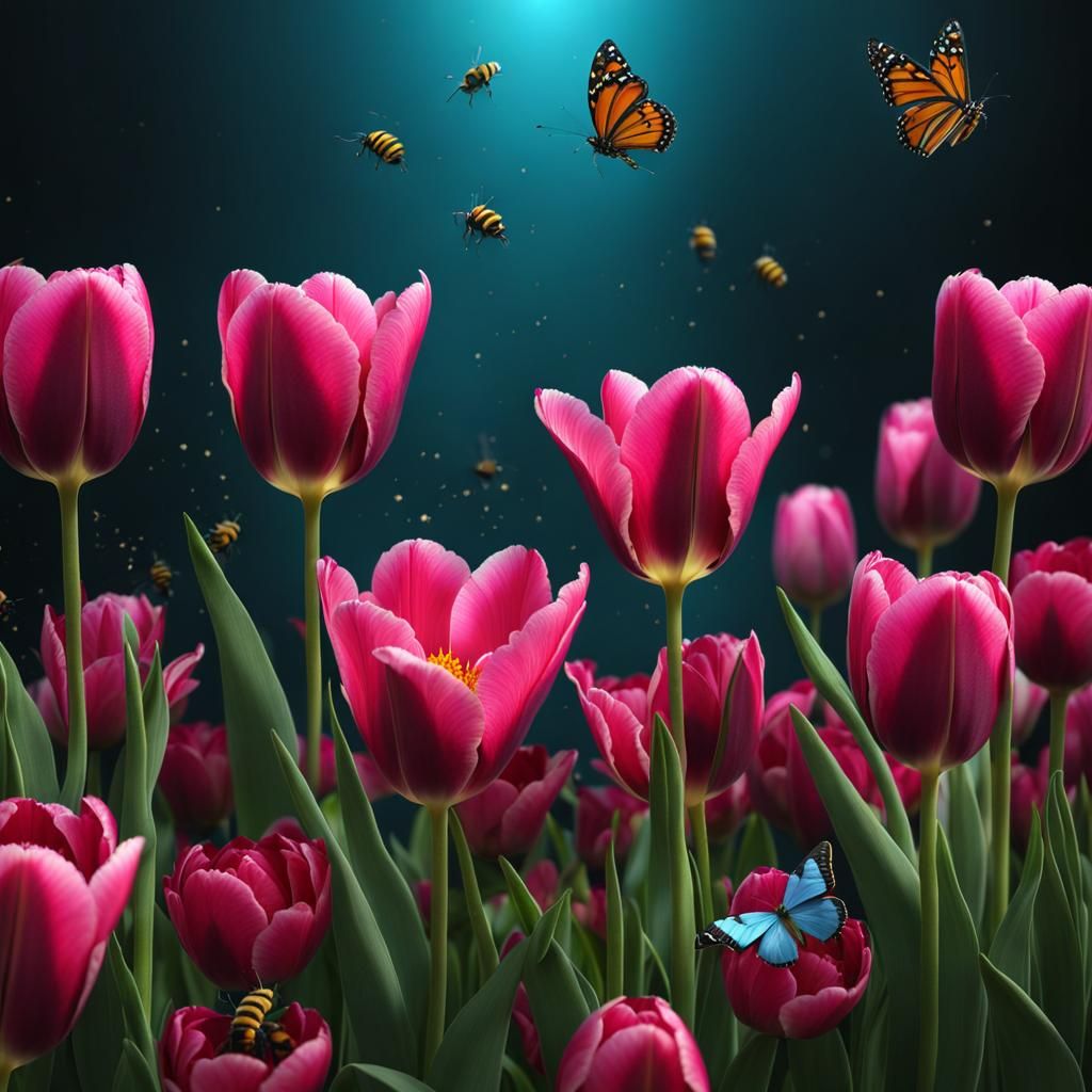 Pink tulips, bees and small butterflies, macro shot