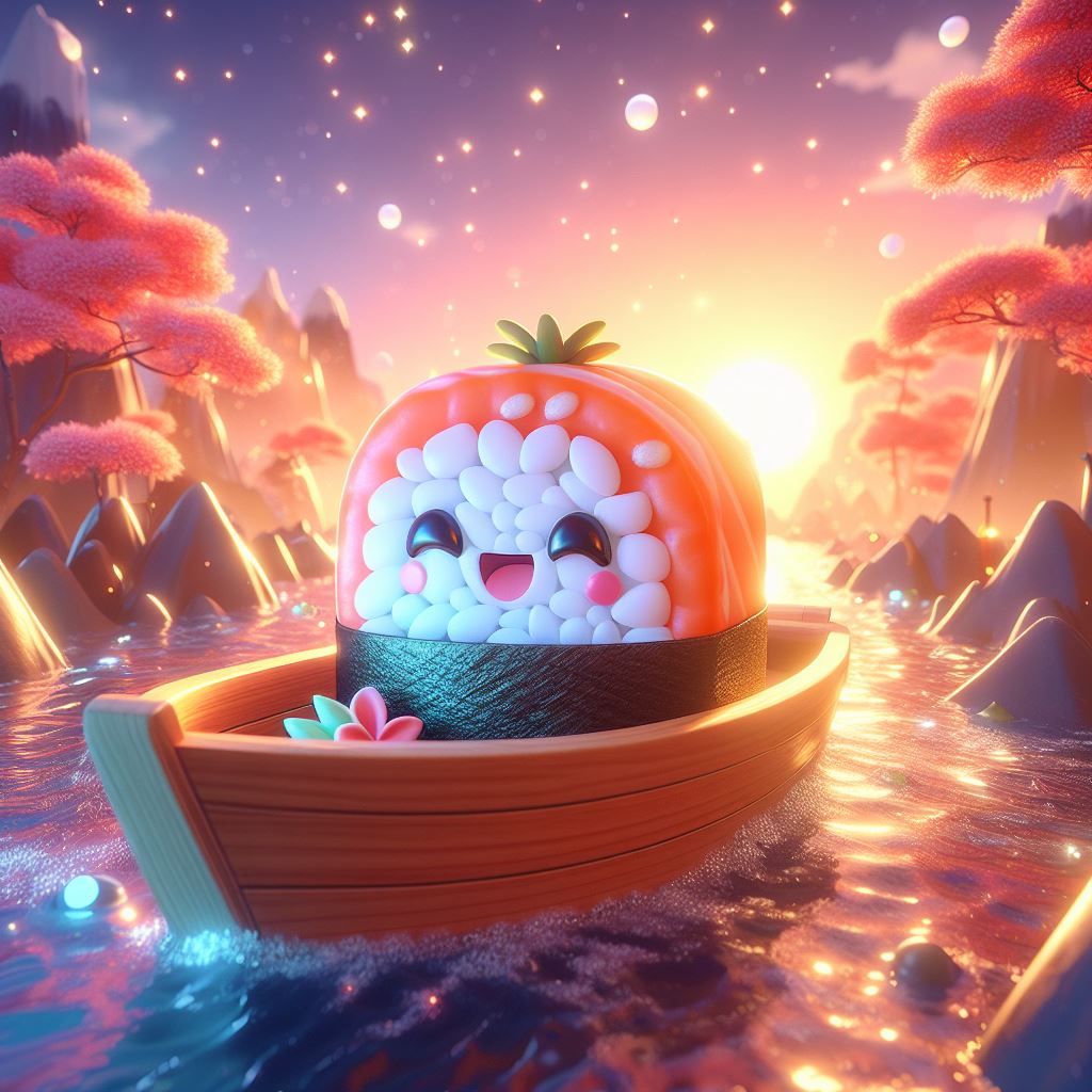 cute sushi inside a boat in japanised landscape