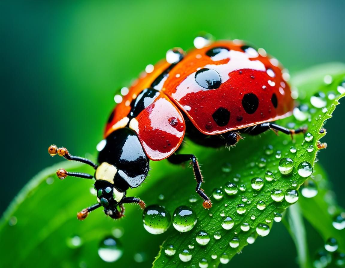 ladybug on a dewy leaf