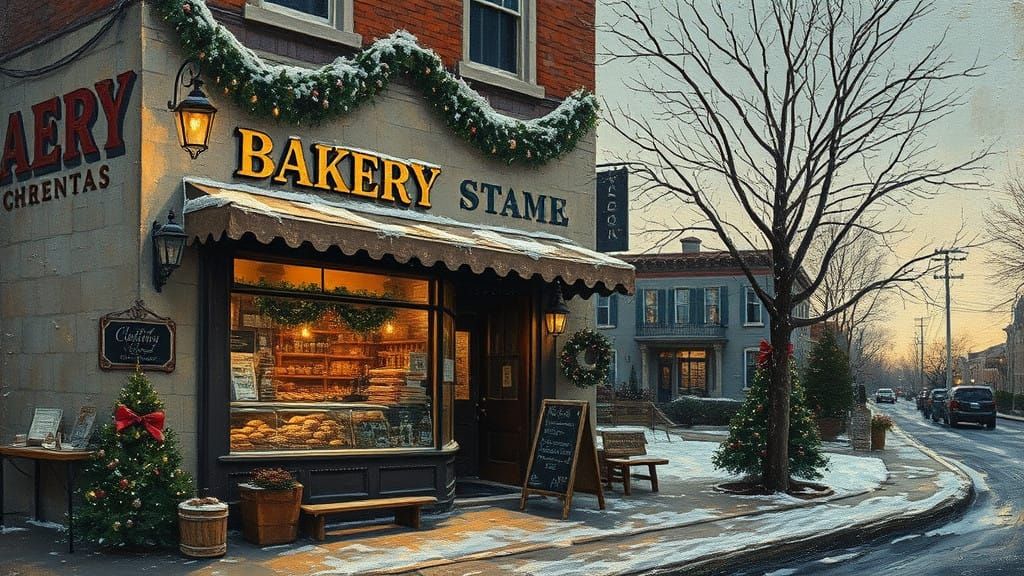 Impressionist Christmas Bakery Scene with Encaustic Impasto